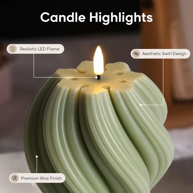Alt view image 4 of 7 - Sage Green Swirl Flameless Candles with Remote Timer Flickering LED Round Candle, Real Wax Coating, 2 AA Battery Powered, Aesthetic Home Shelf Decor 2 Pack