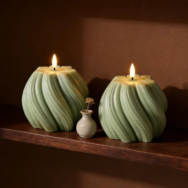 Alt view image 6 of 7 - Sage Green Swirl Flameless Candles with Remote Timer Flickering LED Round Candle, Real Wax Coating, 2 AA Battery Powered, Aesthetic Home Shelf Decor 2 Pack