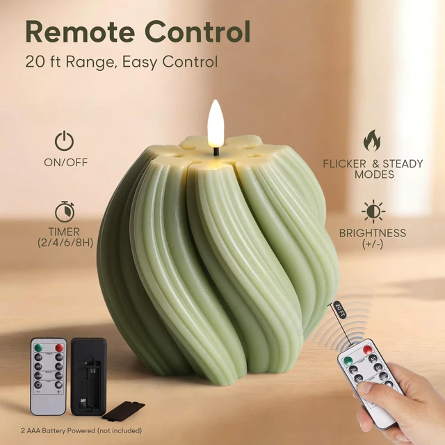 Alt view image 5 of 7 - Sage Green Swirl Flameless Candles with Remote Timer Flickering LED Round Candle, Real Wax Coating, 2 AA Battery Powered, Aesthetic Home Shelf Decor 2 Pack