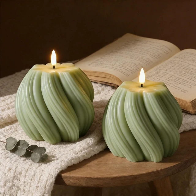 Alt view image 7 of 7 - Sage Green Swirl Flameless Candles with Remote Timer Flickering LED Round Candle, Real Wax Coating, 2 AA Battery Powered, Aesthetic Home Shelf Decor 2 Pack