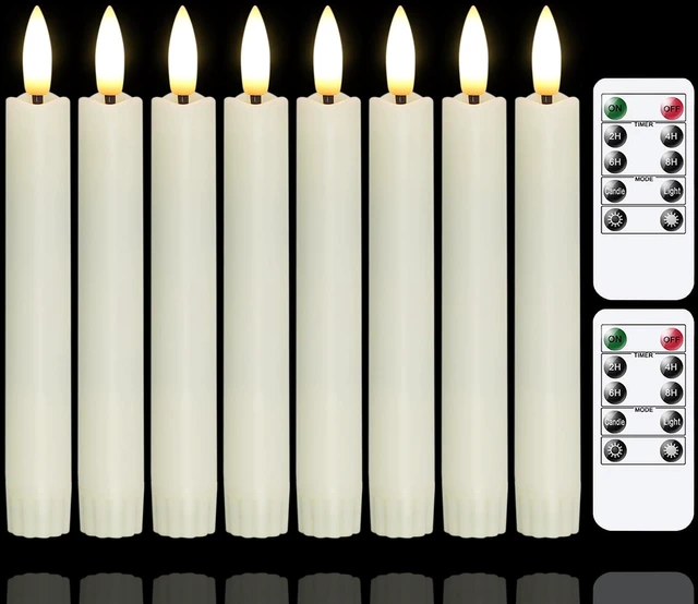 Main image of Battery Operated Flameless Taper Candles with Two Remote Timer, 6.4" LED 3D-Wick Window Candles, Flickering Long-Lasting Warm Light Electric Pack of 8 Flameless Candlesticks (0.78" Dia, Ivory)