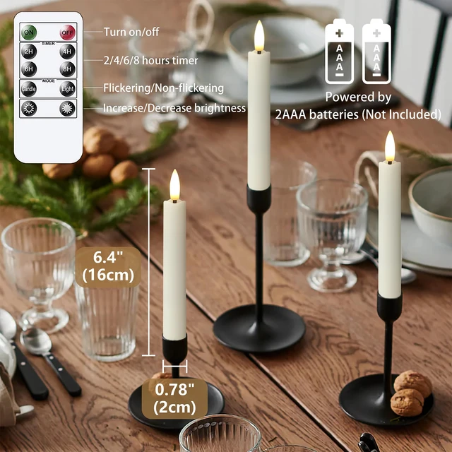 Alt view image 4 of 6 - Battery Operated Flameless Taper Candles with Two Remote Timer, 6.4" LED 3D-Wick Window Candles, Flickering Long-Lasting Warm Light Electric Pack of 8 Flameless Candlesticks (0.78" Dia, Ivory)