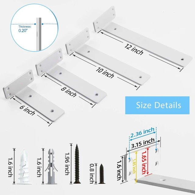 Alt view image 2 of 7 - Shelf Brackets, Heavy Duty Floating Shelf Brackets 12-Inch Long, 6-Pack Brackets for Shelves, Matte White L Hidden Metal Wall Shelf Support Shelving Brackets, 1/5-Inch Thick 160 lb. Load Capacity