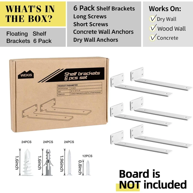 Alt view image 4 of 7 - Shelf Brackets, Heavy Duty Floating Shelf Brackets 12-Inch Long, 6-Pack Brackets for Shelves, Matte White L Hidden Metal Wall Shelf Support Shelving Brackets, 1/5-Inch Thick 160 lb. Load Capacity