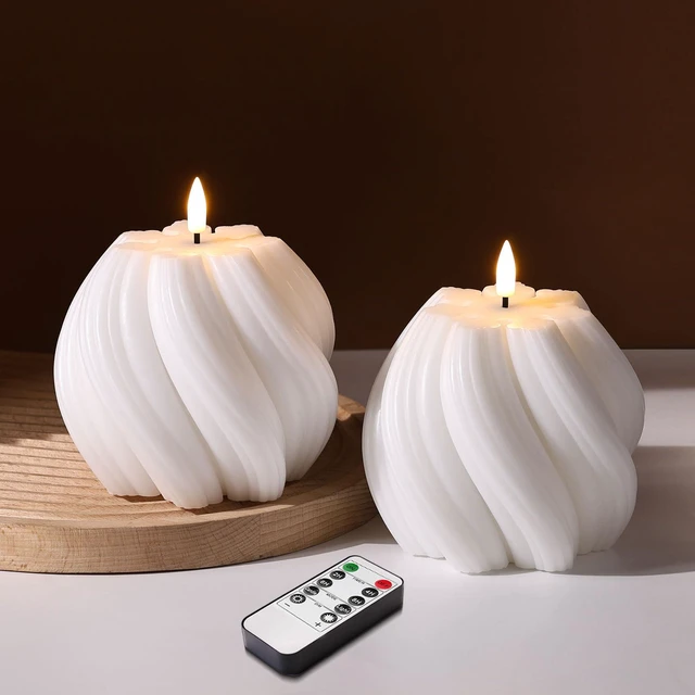 Main image of White Swirl Flameless Candles with Remote Timer Flickering LED Round Candle, Real Wax Coating, 2 AA Battery Powered, Aesthetic Home Shelf Decor 2 Pack