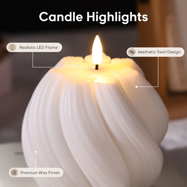 Alt view image 3 of 7 - White Swirl Flameless Candles with Remote Timer Flickering LED Round Candle, Real Wax Coating, 2 AA Battery Powered, Aesthetic Home Shelf Decor 2 Pack