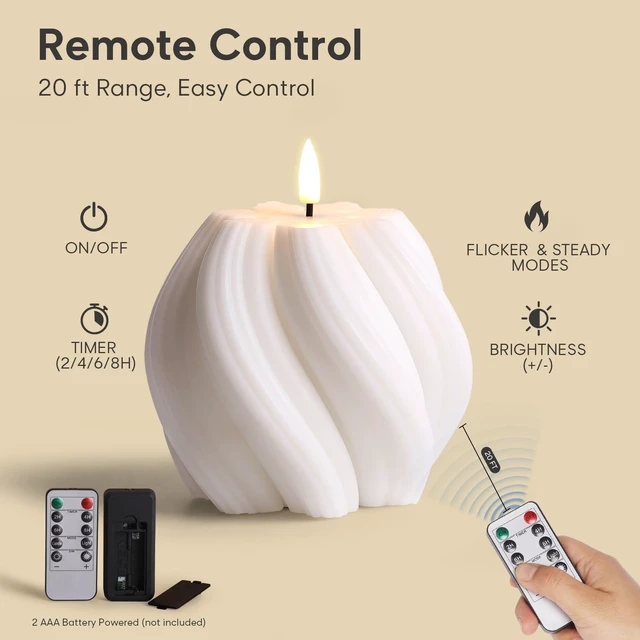 Alt view image 5 of 7 - White Swirl Flameless Candles with Remote Timer Flickering LED Round Candle, Real Wax Coating, 2 AA Battery Powered, Aesthetic Home Shelf Decor 2 Pack
