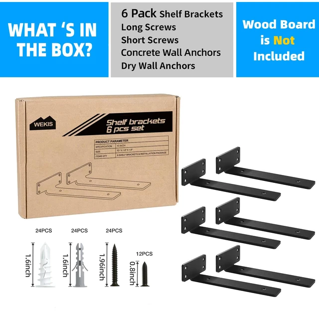 Alt view image 4 of 7 - Shelf Brackets Floating Shlef Brackets 10-Inch 6-Packs, 1/5-Inch Thick Heavy Duty Shelving Brackets for Wood Shelves, 10" Hidden Black Metal L Bracket Shelf Bracket Supports with 160 Lbs Load Capacity