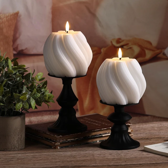Alt view image 7 of 7 - White Swirl Flameless Candles with Remote Timer Flickering LED Round Candle, Real Wax Coating, 2 AA Battery Powered, Aesthetic Home Shelf Decor 2 Pack