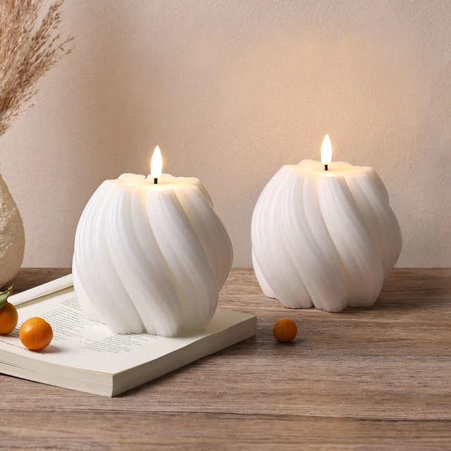 Alt view image 6 of 7 - White Swirl Flameless Candles with Remote Timer Flickering LED Round Candle, Real Wax Coating, 2 AA Battery Powered, Aesthetic Home Shelf Decor 2 Pack