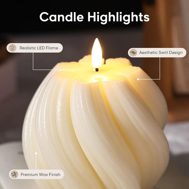 Alt view image 3 of 7 - Cream White Swirl Flameless Candles with Remote Timer Flickering LED Round Candle, Real Wax Coating, 2 AA Battery Powered, Aesthetic Home Shelf Decor 2 Pack