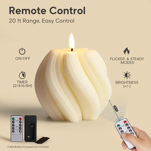 Alt view image 5 of 7 - Cream White Swirl Flameless Candles with Remote Timer Flickering LED Round Candle, Real Wax Coating, 2 AA Battery Powered, Aesthetic Home Shelf Decor 2 Pack