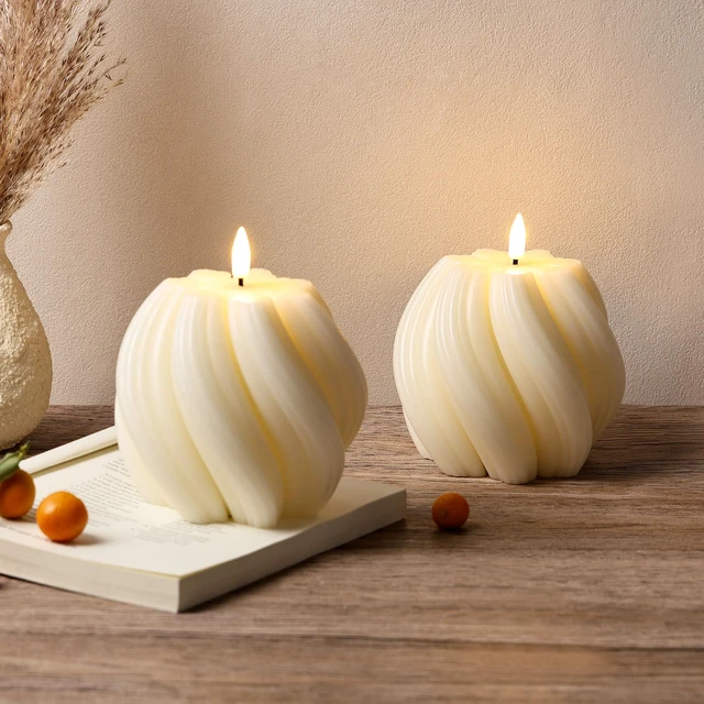 Alt view image 6 of 7 - Cream White Swirl Flameless Candles with Remote Timer Flickering LED Round Candle, Real Wax Coating, 2 AA Battery Powered, Aesthetic Home Shelf Decor 2 Pack