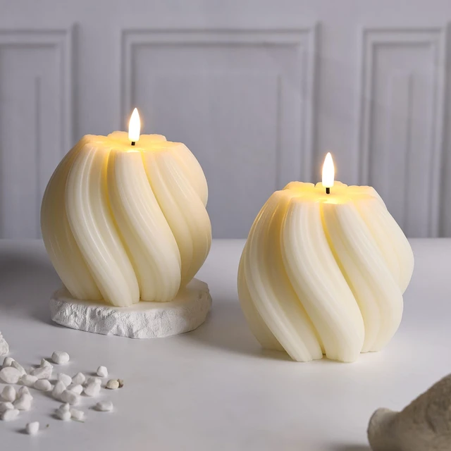 Alt view image 7 of 7 - Cream White Swirl Flameless Candles with Remote Timer Flickering LED Round Candle, Real Wax Coating, 2 AA Battery Powered, Aesthetic Home Shelf Decor 2 Pack