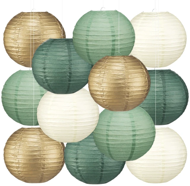 Main image of 12 Pcs 10" Golg Greem Boho Paper Lanterns Party Classroom Decor Back to School Classrooms Decorations, Hanging Lanterns for Birthday Wedding Ceiling, Round Paper Decor, Assorted Colors