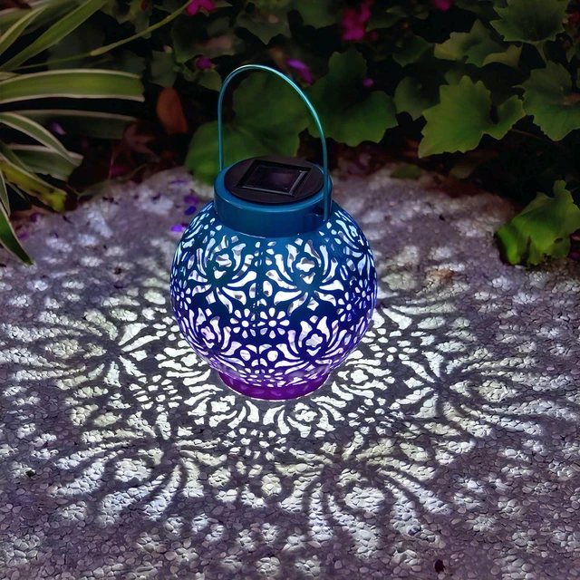 Main image of 2 Pack Solar Hanging Lanterns, Metal Decorative Lamp, Royal Purple Perfect for Gardens, Patios, Courtyards, Lawns & Tabletops