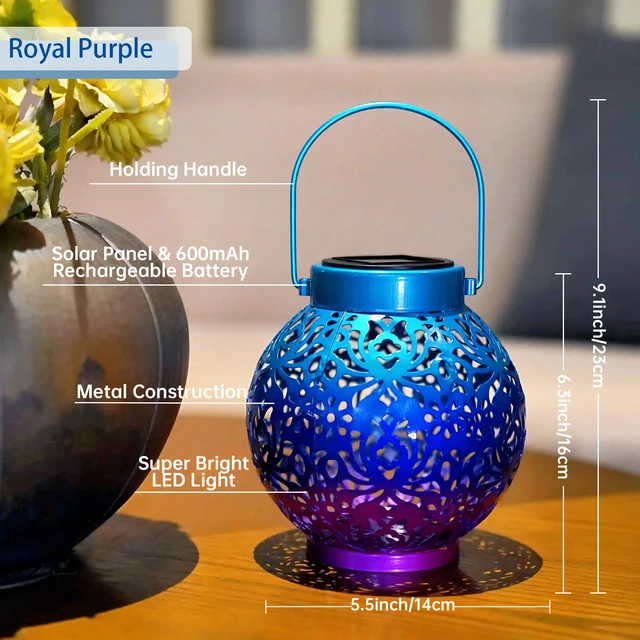 Alt view image 2 of 7 - 2 Pack Solar Hanging Lanterns, Metal Decorative Lamp, Royal Purple Perfect for Gardens, Patios, Courtyards, Lawns & Tabletops