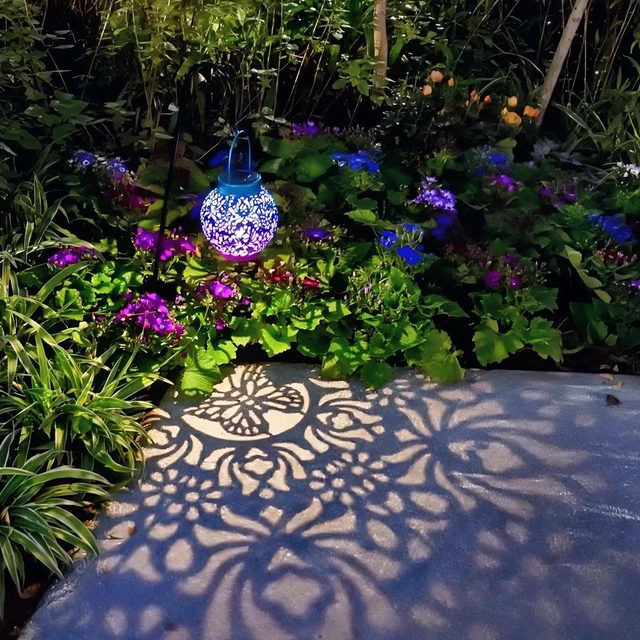 Alt view image 3 of 7 - 2 Pack Solar Hanging Lanterns, Metal Decorative Lamp, Royal Purple Perfect for Gardens, Patios, Courtyards, Lawns & Tabletops