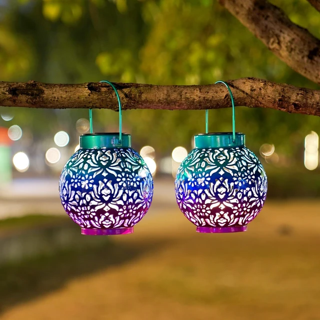 Alt view image 5 of 7 - 2 Pack Solar Hanging Lanterns, Metal Decorative Lamp, Royal Purple Perfect for Gardens, Patios, Courtyards, Lawns & Tabletops