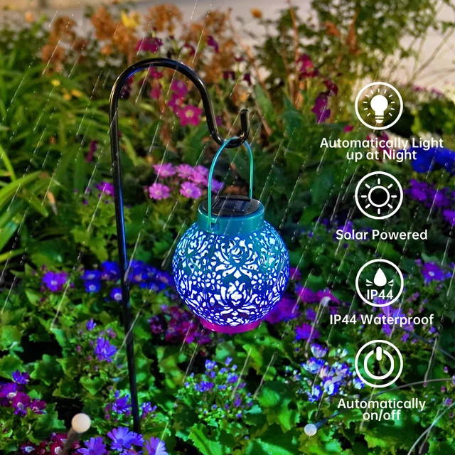 Alt view image 7 of 7 - 2 Pack Solar Hanging Lanterns, Metal Decorative Lamp, Royal Purple Perfect for Gardens, Patios, Courtyards, Lawns & Tabletops