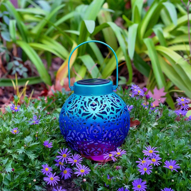 Alt view image 4 of 7 - 2 Pack Solar Hanging Lanterns, Metal Decorative Lamp, Royal Purple Perfect for Gardens, Patios, Courtyards, Lawns & Tabletops