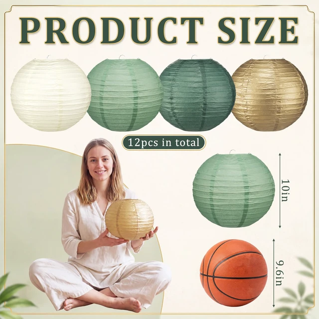 Alt view image 3 of 7 - 12 Pcs 10" Golg Greem Boho Paper Lanterns Party Classroom Decor Back to School Classrooms Decorations, Hanging Lanterns for Birthday Wedding Ceiling, Round Paper Decor, Assorted Colors