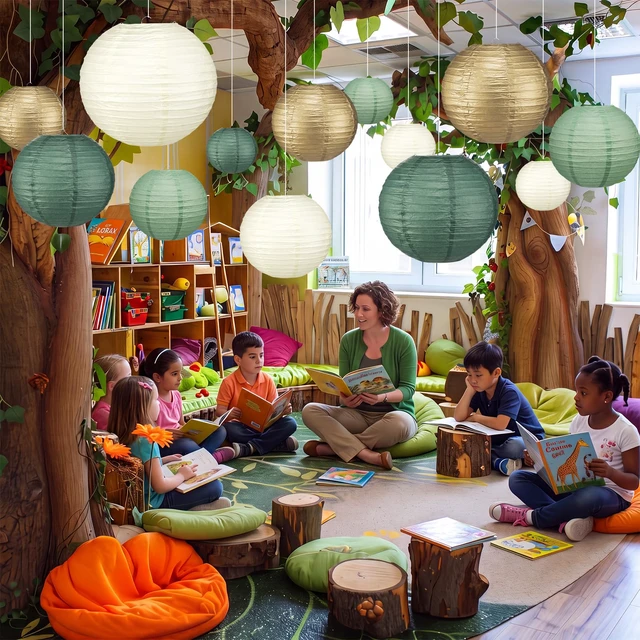 Alt view image 2 of 7 - 12 Pcs 10" Golg Greem Boho Paper Lanterns Party Classroom Decor Back to School Classrooms Decorations, Hanging Lanterns for Birthday Wedding Ceiling, Round Paper Decor, Assorted Colors