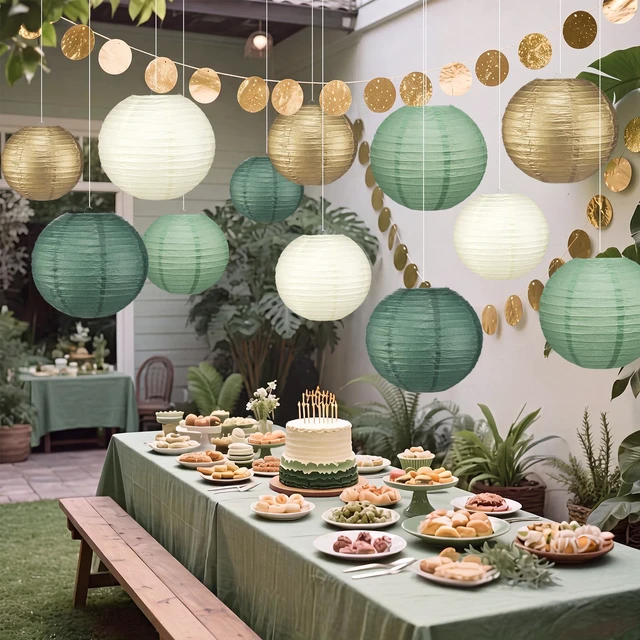 Alt view image 5 of 7 - 12 Pcs 10" Golg Greem Boho Paper Lanterns Party Classroom Decor Back to School Classrooms Decorations, Hanging Lanterns for Birthday Wedding Ceiling, Round Paper Decor, Assorted Colors