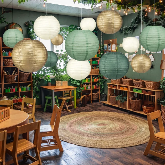 Alt view image 6 of 7 - 12 Pcs 10" Golg Greem Boho Paper Lanterns Party Classroom Decor Back to School Classrooms Decorations, Hanging Lanterns for Birthday Wedding Ceiling, Round Paper Decor, Assorted Colors