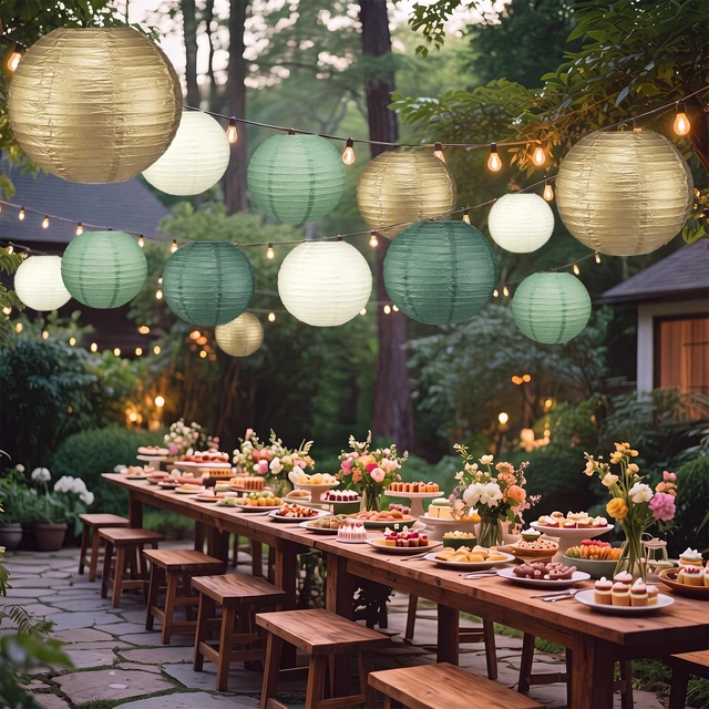 Alt view image 7 of 7 - 12 Pcs 10" Golg Greem Boho Paper Lanterns Party Classroom Decor Back to School Classrooms Decorations, Hanging Lanterns for Birthday Wedding Ceiling, Round Paper Decor, Assorted Colors