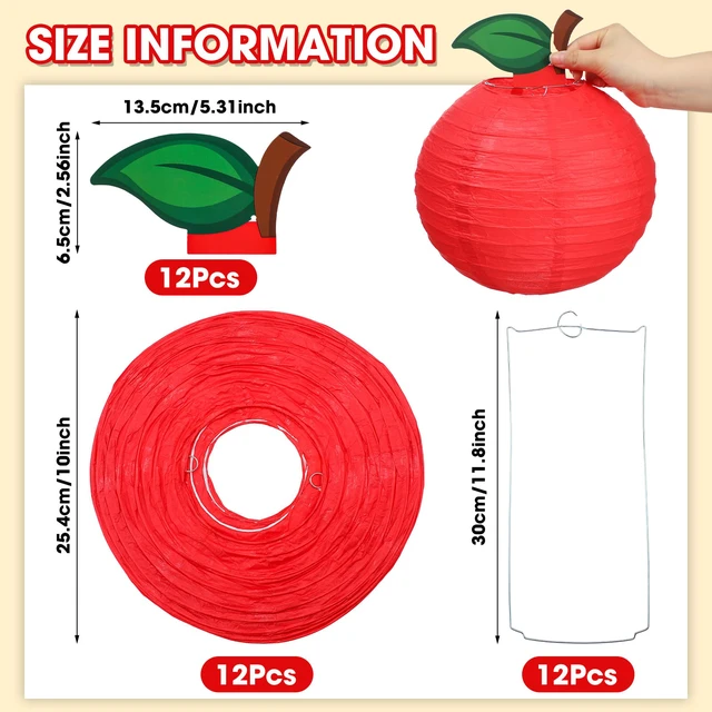 Alt view image 3 of 7 - 12 Pcs 10" Apple Paper Lanterns for Classroom Back to School Decor Red Apple Hanging Lanterns for Classroom Birthday Wedding Ceiling, Back to School Party, Round Paper Decor