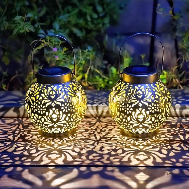 Alt view image 3 of 7 - 2 Pack Solar Hanging Lanterns, Metal Decorative Lamp, Antique Bronze Perfect for Gardens, Patios, Courtyards, Lawns & Tabletops