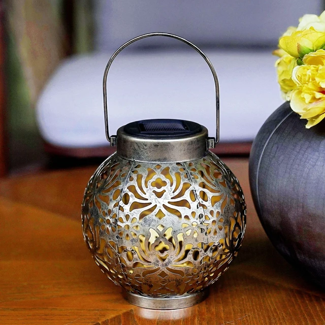Alt view image 4 of 7 - 2 Pack Solar Hanging Lanterns, Metal Decorative Lamp, Antique Bronze Perfect for Gardens, Patios, Courtyards, Lawns & Tabletops