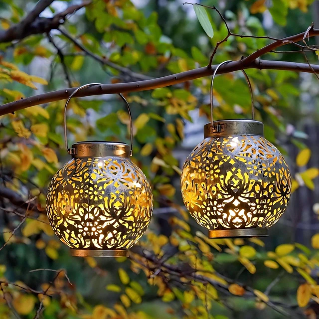 Alt view image 5 of 7 - 2 Pack Solar Hanging Lanterns, Metal Decorative Lamp, Antique Bronze Perfect for Gardens, Patios, Courtyards, Lawns & Tabletops