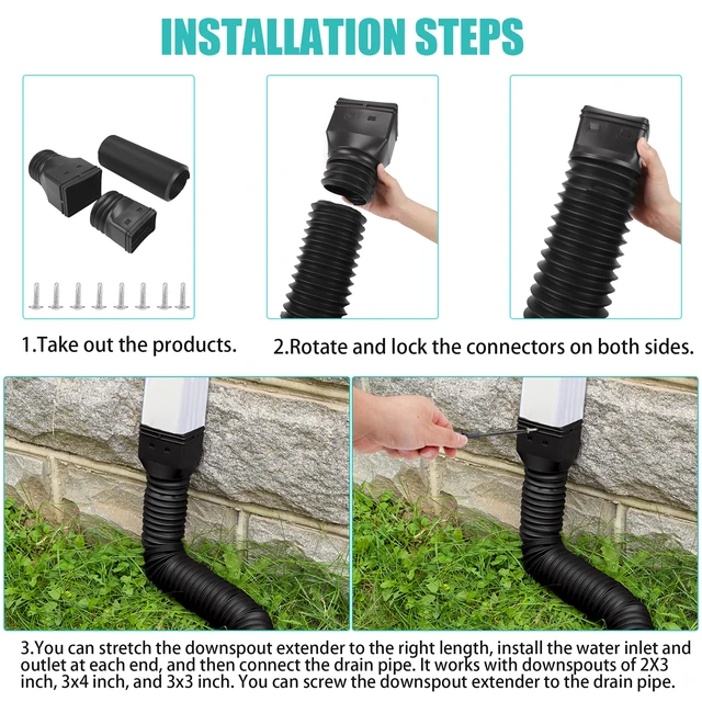 Alt view image 3 of 6 - 3 Pack Rain Gutter Downspout Extensions Flexible,Downspout Diverter Extendable From 21" To 58". Downspout Extender Is Suitable For Most Drain Pipe (Black)