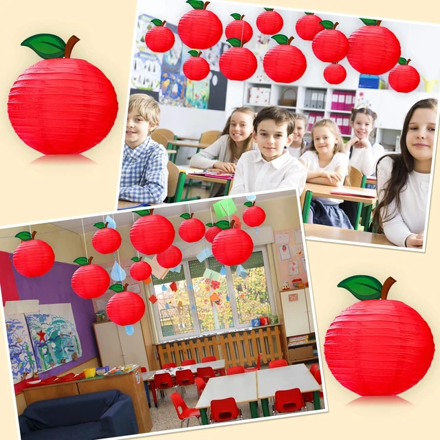 Alt view image 6 of 7 - 12 Pcs 10" Apple Paper Lanterns for Classroom Back to School Decor Red Apple Hanging Lanterns for Classroom Birthday Wedding Ceiling, Back to School Party, Round Paper Decor