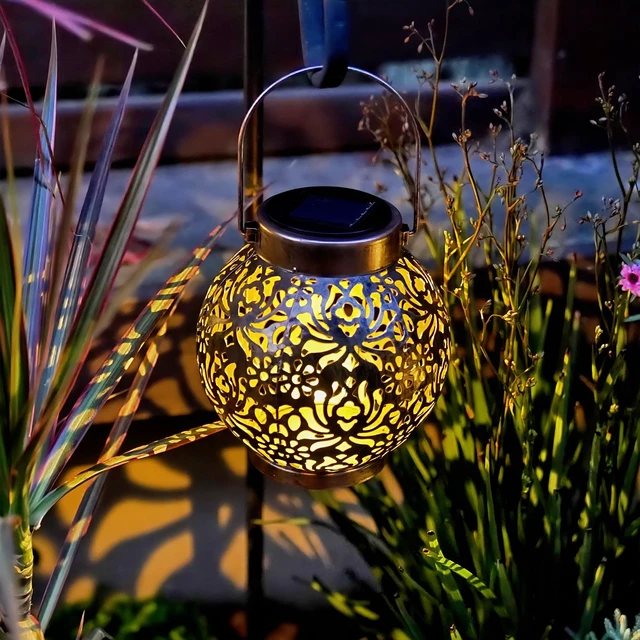 Alt view image 5 of 7 - 2 Pack Solar Hanging Lantern Lights, Metal Outdoor Decorative Lamp, Bronze Perfect for Gardens, Patios, Courtyards, Lawns & Tabletops