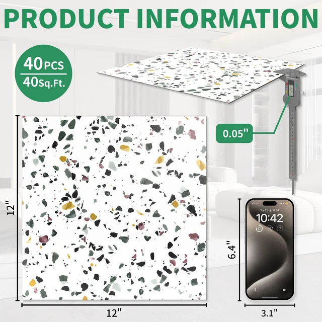 Alt view image 3 of 7 - 40-Pack 40 Sq.Ft Peel and Stick Floor Tiles Vinyl Matte Pattern Flooring, 12 x 12 Self Adhesive Vinyl Flooring DIY for Kitchen, Bathroom, Laundry, White Terrazzo Marble