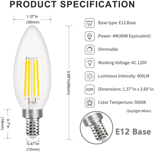 Alt view image 7 of 7 - 10 Pack E12 LED Light Bulbs Dimmable 40W Equivalent 5000K Daylight Candelabra Light Bulb Type B Small Base for Chandelier, CRI85+ 120V, 400LM, 4W LED B11 for Ceiling Fan, Candle Light Bulb