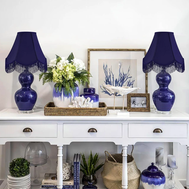 Alt view image 6 of 7 - Lamp Shade Set of 2,6" x 13" x 10.6",Blue Fringe Scalloped Lamp Shade Hand Crafted,Silk Fabric,Bell Vintage Lamp Shade for Table Lamps,Floor Lamps,Spider Fitter,Easy Assembly