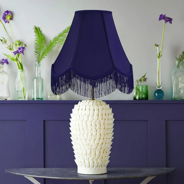 Alt view image 7 of 7 - Lamp Shade Set of 2,6" x 13" x 10.6",Blue Fringe Scalloped Lamp Shade Hand Crafted,Silk Fabric,Bell Vintage Lamp Shade for Table Lamps,Floor Lamps,Spider Fitter,Easy Assembly