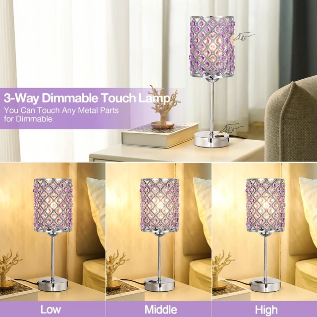 Alt view image 2 of 7 - Crystal Lamps for Night Stands, Purple Table Lamp for Bedroom lavender lamp, Small Touch Control Lamp with USB C+A Ports & AC Outlet, 3-Way Dimmable, for Living Room, Bulb Included