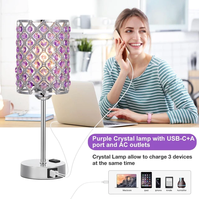 Alt view image 4 of 7 - Crystal Lamps for Night Stands, Purple Table Lamp for Bedroom lavender lamp, Small Touch Control Lamp with USB C+A Ports & AC Outlet, 3-Way Dimmable, for Living Room, Bulb Included