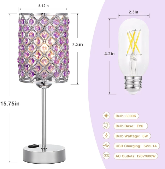 Alt view image 5 of 7 - Crystal Lamps for Night Stands, Purple Table Lamp for Bedroom lavender lamp, Small Touch Control Lamp with USB C+A Ports & AC Outlet, 3-Way Dimmable, for Living Room, Bulb Included