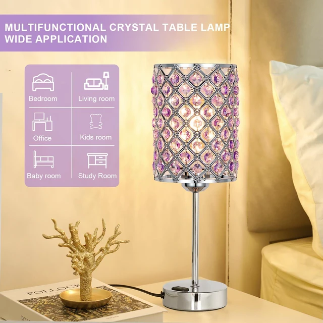 Alt view image 6 of 7 - Crystal Lamps for Night Stands, Purple Table Lamp for Bedroom lavender lamp, Small Touch Control Lamp with USB C+A Ports & AC Outlet, 3-Way Dimmable, for Living Room, Bulb Included