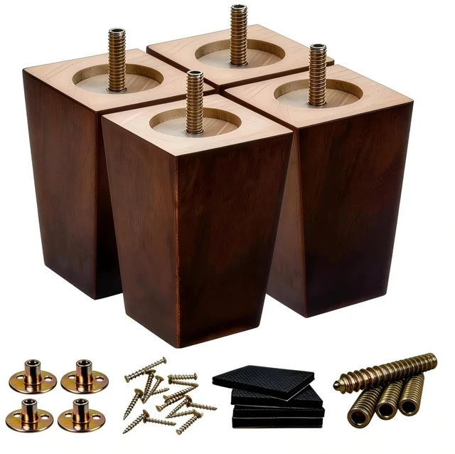 Main image of 5 Inch Couch Legs Wood Square Sofa Legs Replacement for Chair, 4PC 1500lbs heavy duty square feet; fits furniture, dresser, cabinet, bed; M8 & 5/16 hanger bolts; robot vacuum clearance