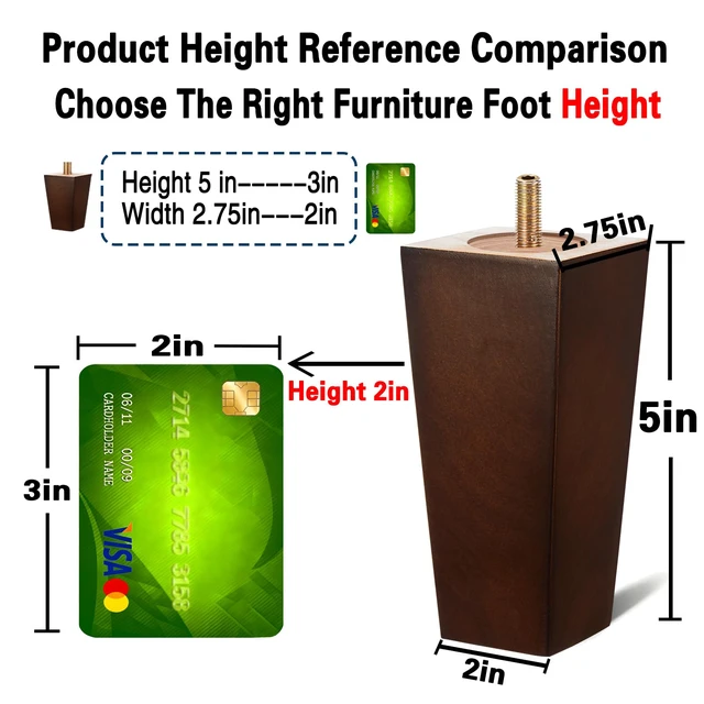 Alt view image 3 of 7 - 5 Inch Couch Legs Wood Square Sofa Legs Replacement for Chair, 4PC 1500lbs heavy duty square feet; fits furniture, dresser, cabinet, bed; M8 & 5/16 hanger bolts; robot vacuum clearance
