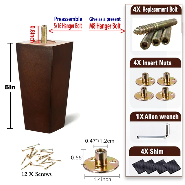 Alt view image 6 of 7 - 5 Inch Couch Legs Wood Square Sofa Legs Replacement for Chair, 4PC 1500lbs heavy duty square feet; fits furniture, dresser, cabinet, bed; M8 & 5/16 hanger bolts; robot vacuum clearance