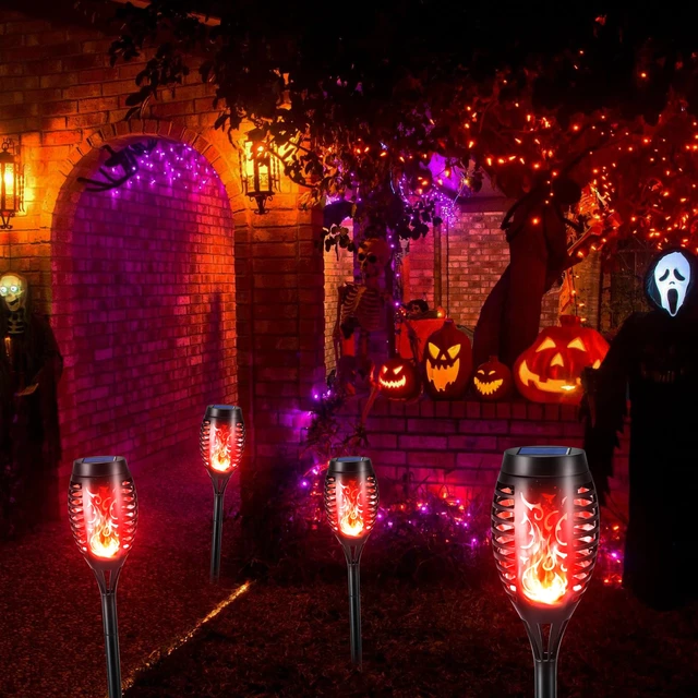 Alt view image 2 of 7 - Solar Torch Flame Lights, 12 Pack Solar Halloween Lights Outdoor with Flickering Flame, Waterproof Patio Light Landscape Decoration Lighting for Garden Yard Outdoor Halloween Decor - Red