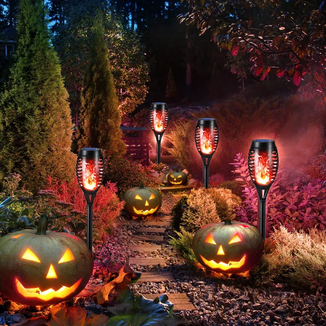 Alt view image 3 of 7 - Solar Torch Flame Lights, 12 Pack Solar Halloween Lights Outdoor with Flickering Flame, Waterproof Patio Light Landscape Decoration Lighting for Garden Yard Outdoor Halloween Decor - Red